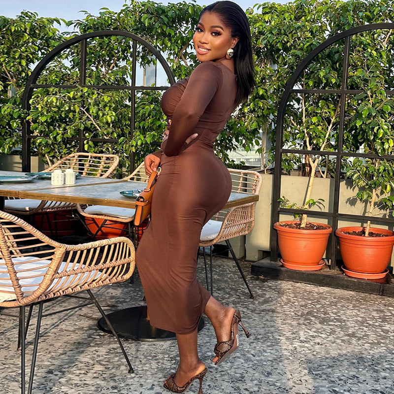 Brown High Neck Bodycon Midi Dress