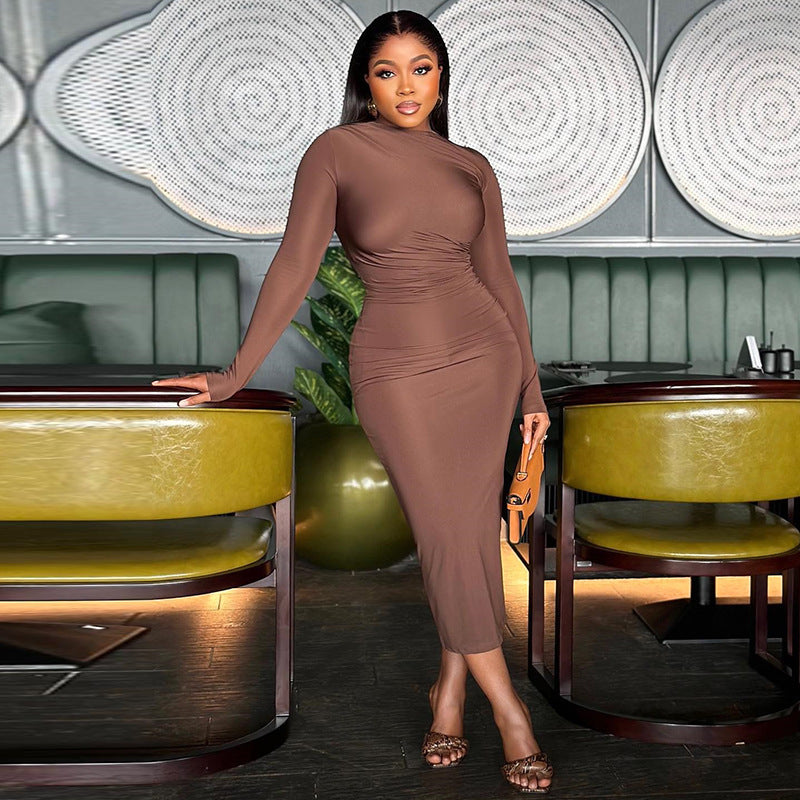 Brown High Neck Bodycon Midi Dress