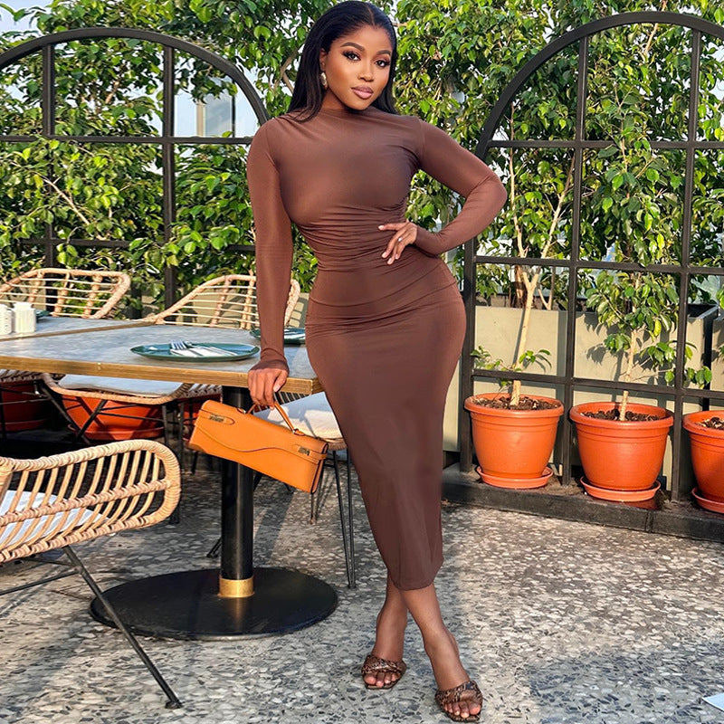 Brown High Neck Bodycon Midi Dress