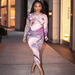Round Neck Long Sleeves Abstract Print Bodycon Maxi Dress