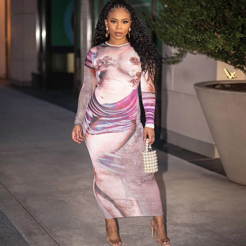 Round Neck Long Sleeves Abstract Print Bodycon Maxi Dress