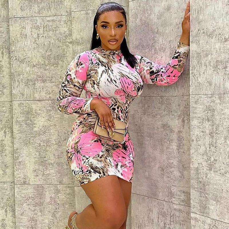 Pink Round Neck Abstract Print Sheath Dress