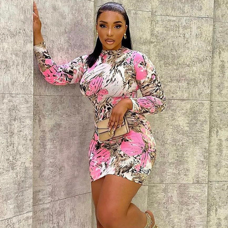 Pink Round Neck Abstract Print Sheath Dress