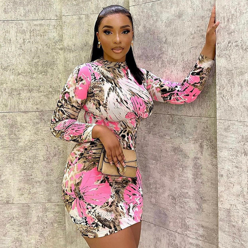 Pink Round Neck Abstract Print Sheath Dress