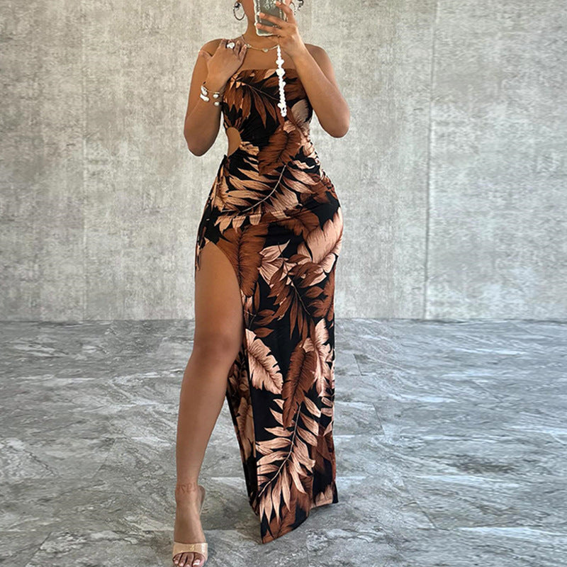 Strapless Sleeveless Abstract Print Maxi Dress