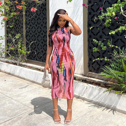 Pink Abstract Printed Bodycon Midi Dress