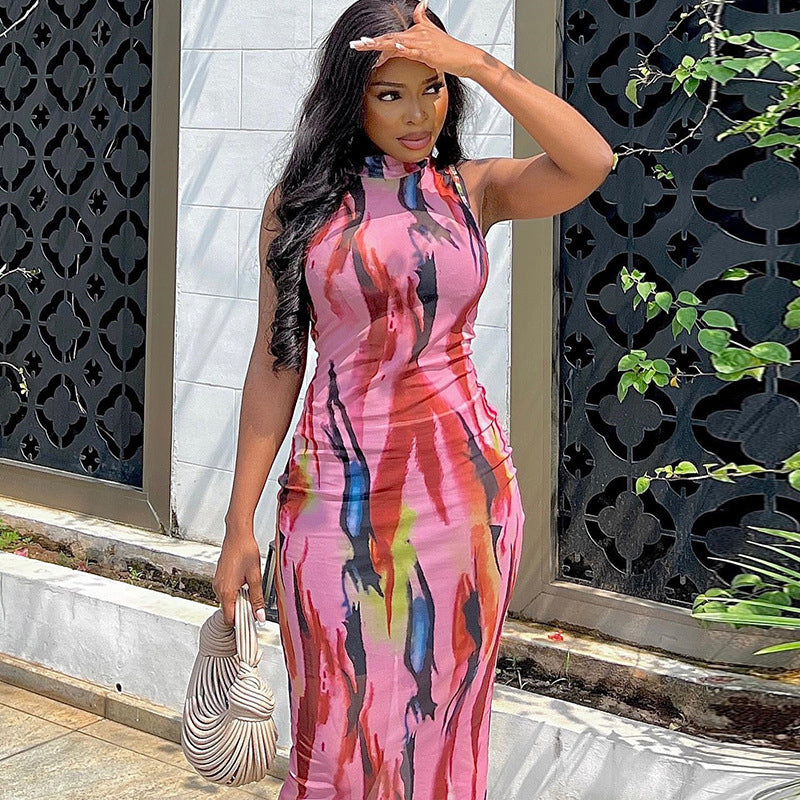 Pink Abstract Printed Bodycon Midi Dress