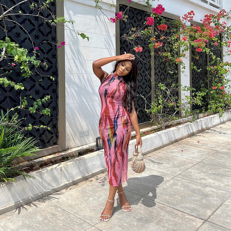 Pink Abstract Printed Bodycon Midi Dress