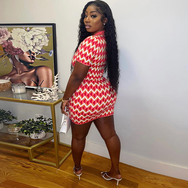 Pink Geometric Printed Shirt Collar Bodycon Mini Dress