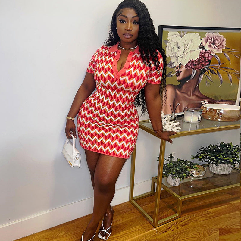 Pink Geometric Printed Shirt Collar Bodycon Mini Dress