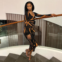 Black Abstract Printed Bodycon Midi Dress