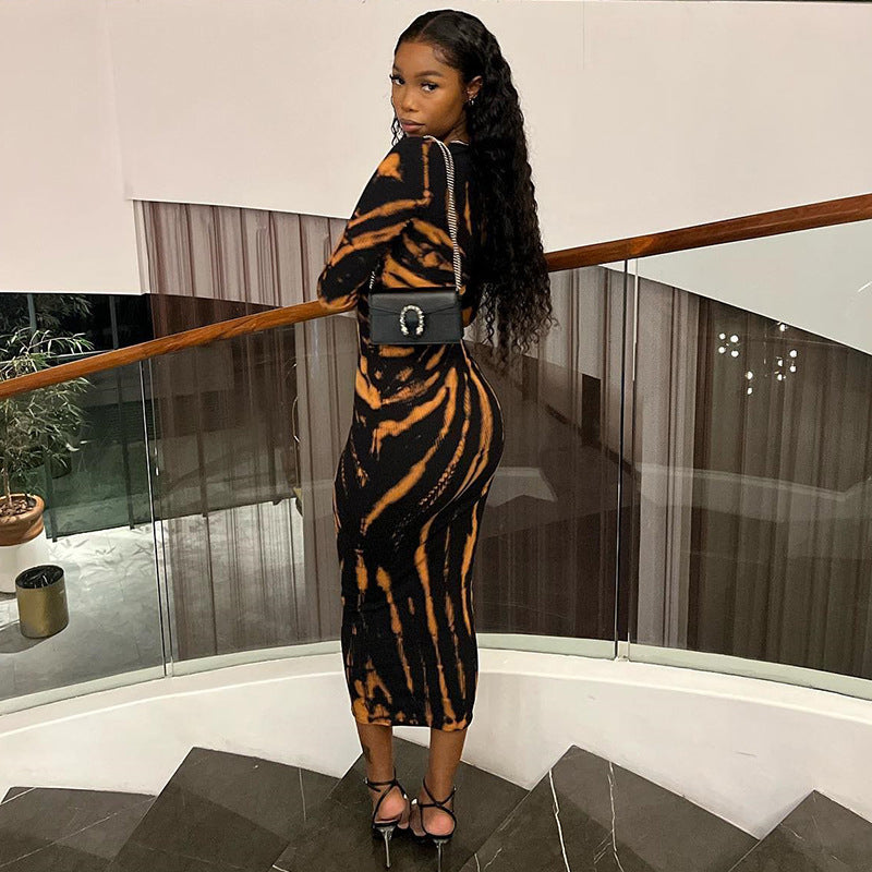 Black Abstract Printed Bodycon Midi Dress