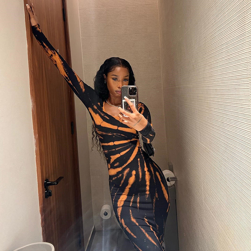 Black Abstract Printed Bodycon Midi Dress