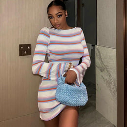 Purple Striped Bell Sleeve Sheath Dress