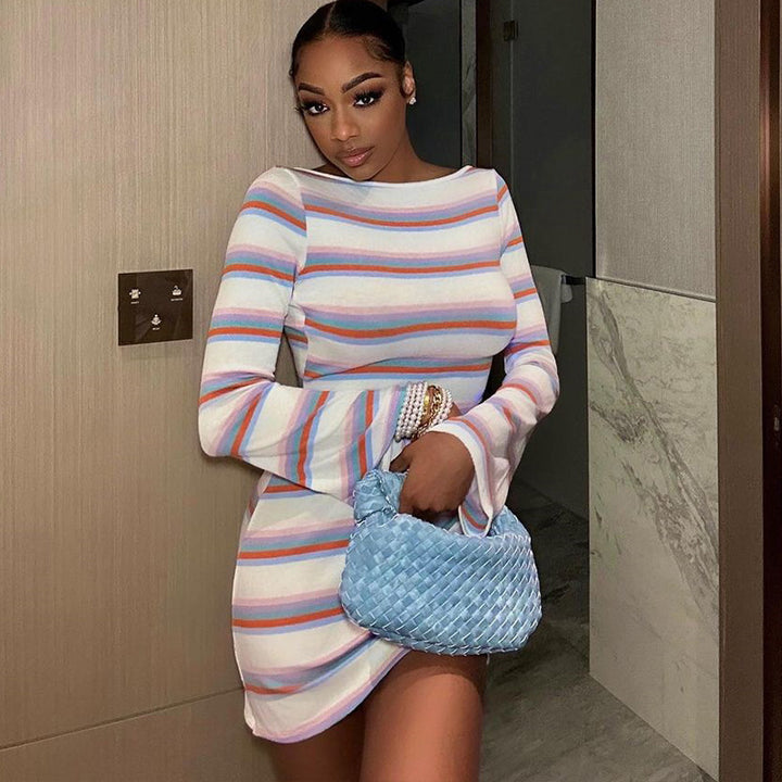 Purple Striped Bell Sleeve Sheath Dress