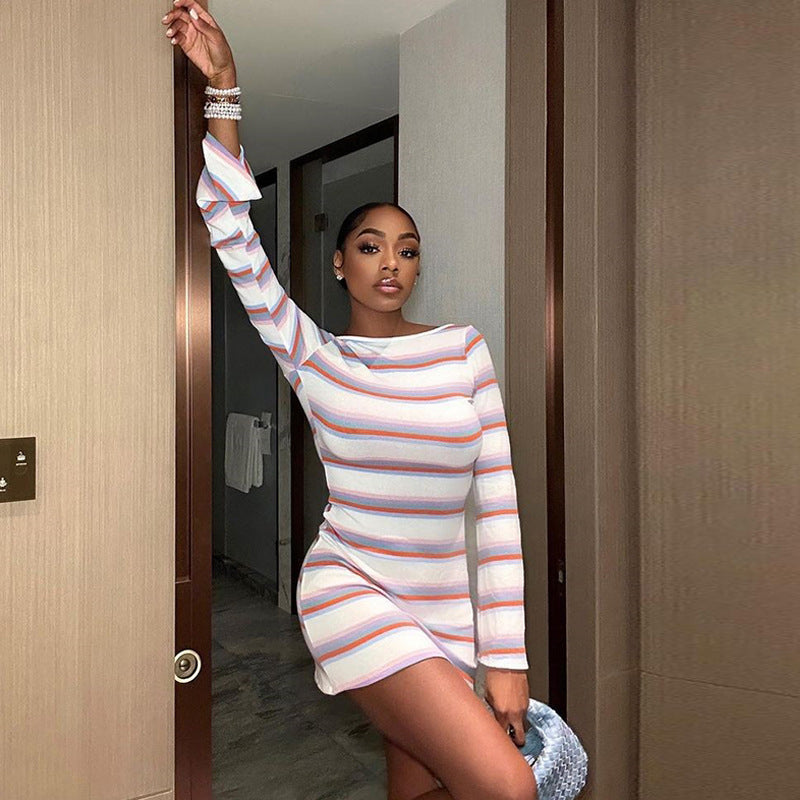 Purple Striped Bell Sleeve Sheath Dress