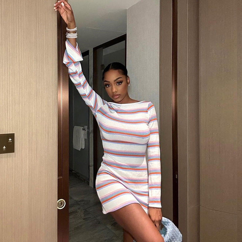 Purple Striped Bell Sleeve Sheath Dress