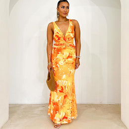 V Neck Sleeveless Floral Print Maxi Dress