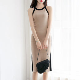 Khaki Round Neck Side Slit Sheath Dress