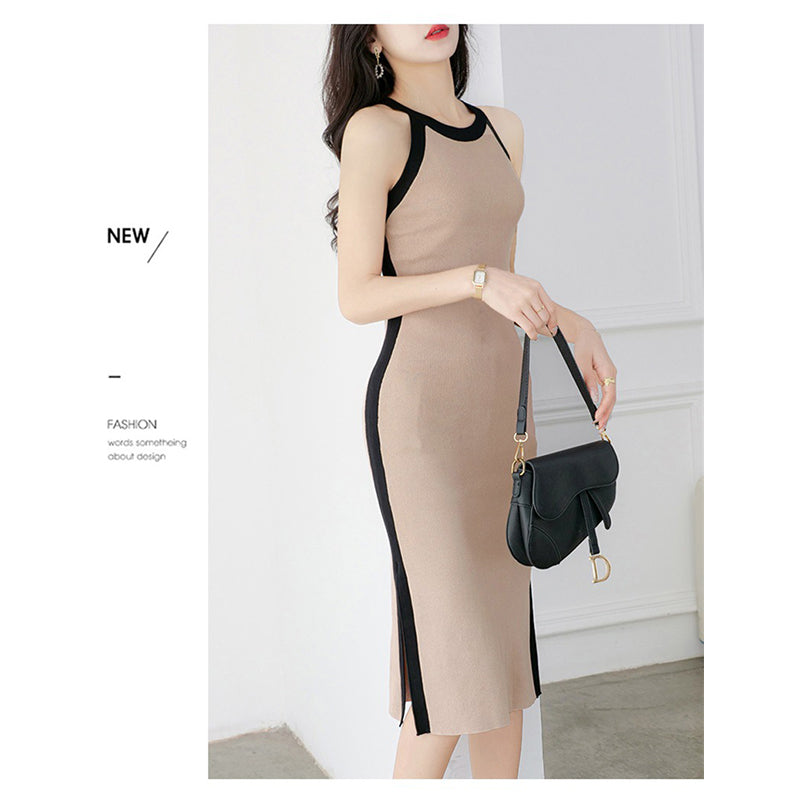 Khaki Round Neck Side Slit Sheath Dress