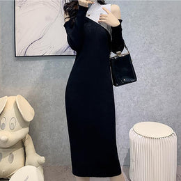 Black High Neck Cold Shoulder Sleeves Sheath Midi Dress