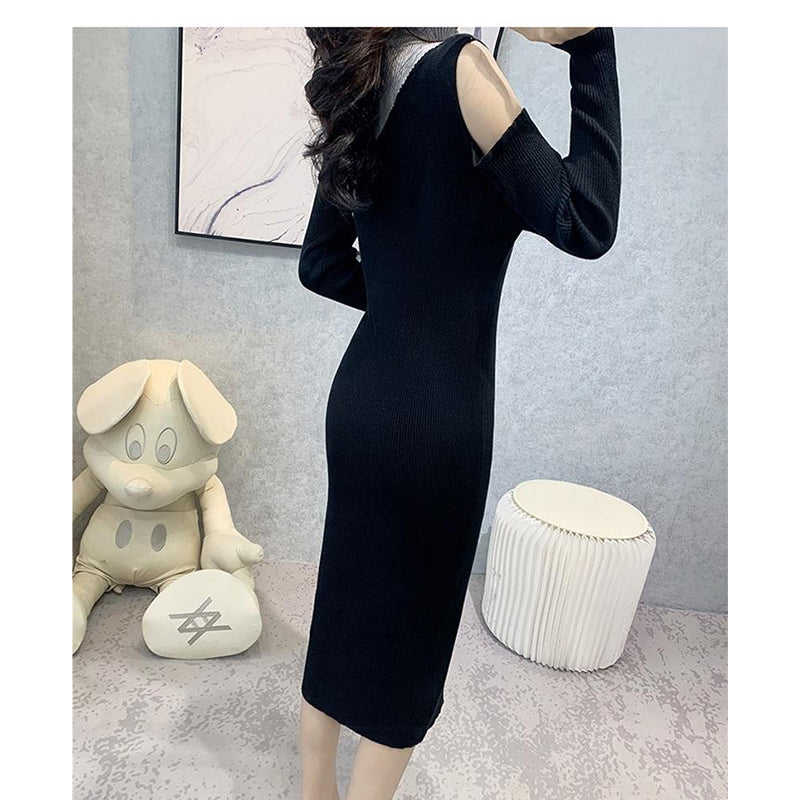 Black High Neck Cold Shoulder Sleeves Sheath Midi Dress
