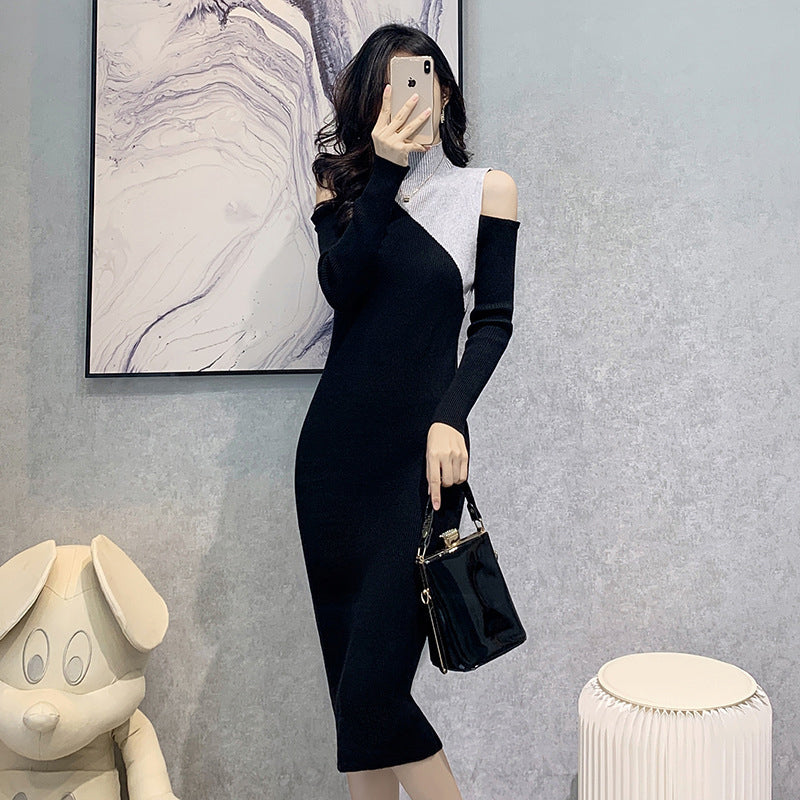 Black High Neck Cold Shoulder Sleeves Sheath Midi Dress