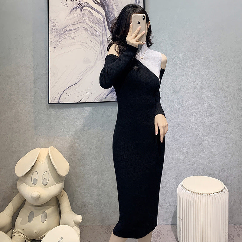 Black High Neck Cold Shoulder Sleeves Sheath Midi Dress