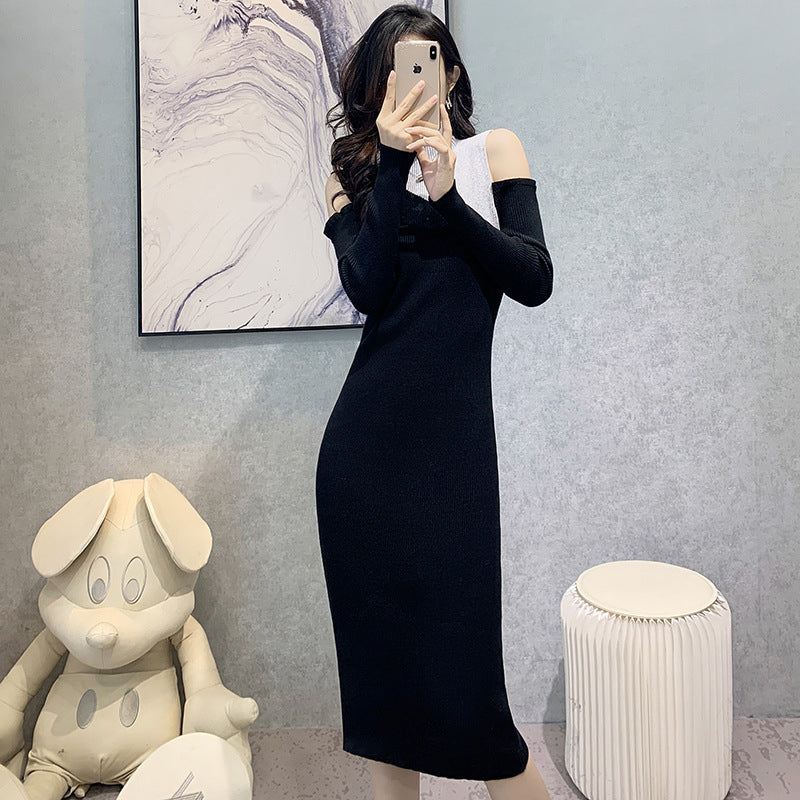 Black High Neck Cold Shoulder Sleeves Sheath Midi Dress
