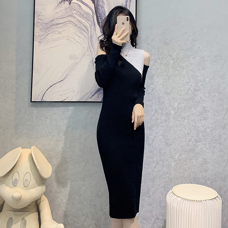 Black High Neck Cold Shoulder Sleeves Sheath Midi Dress