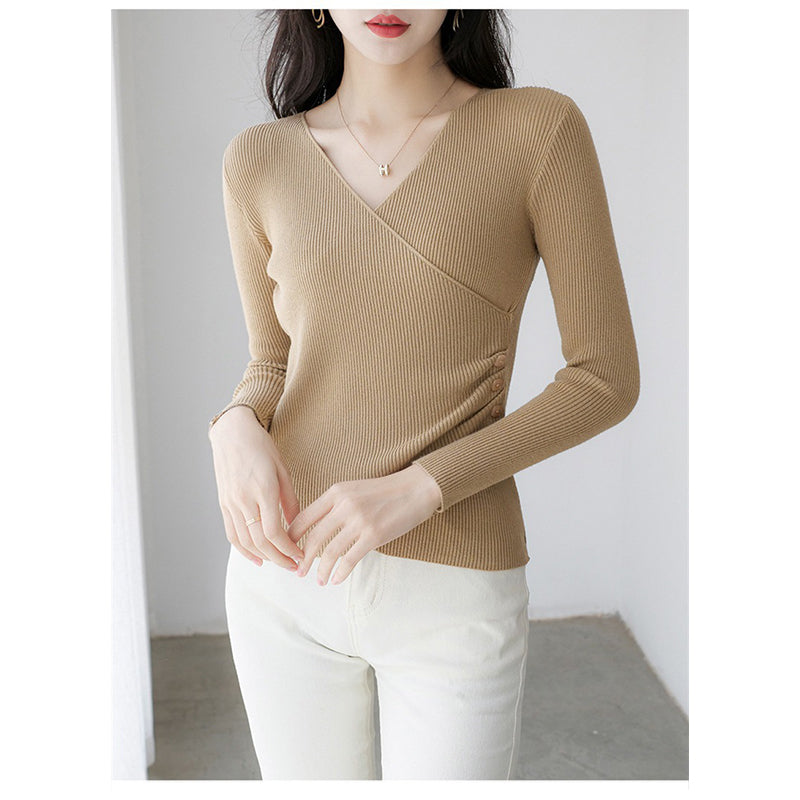 Khaki Ribbed V-Neck Long Sleeves Casual Top