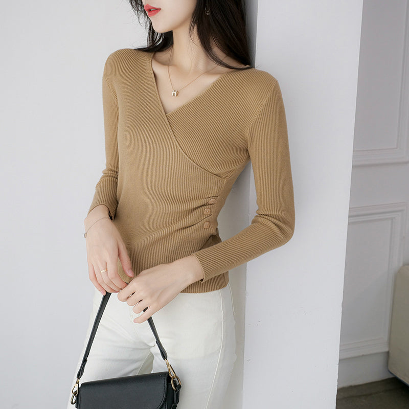 Khaki Ribbed V-Neck Long Sleeves Casual Top