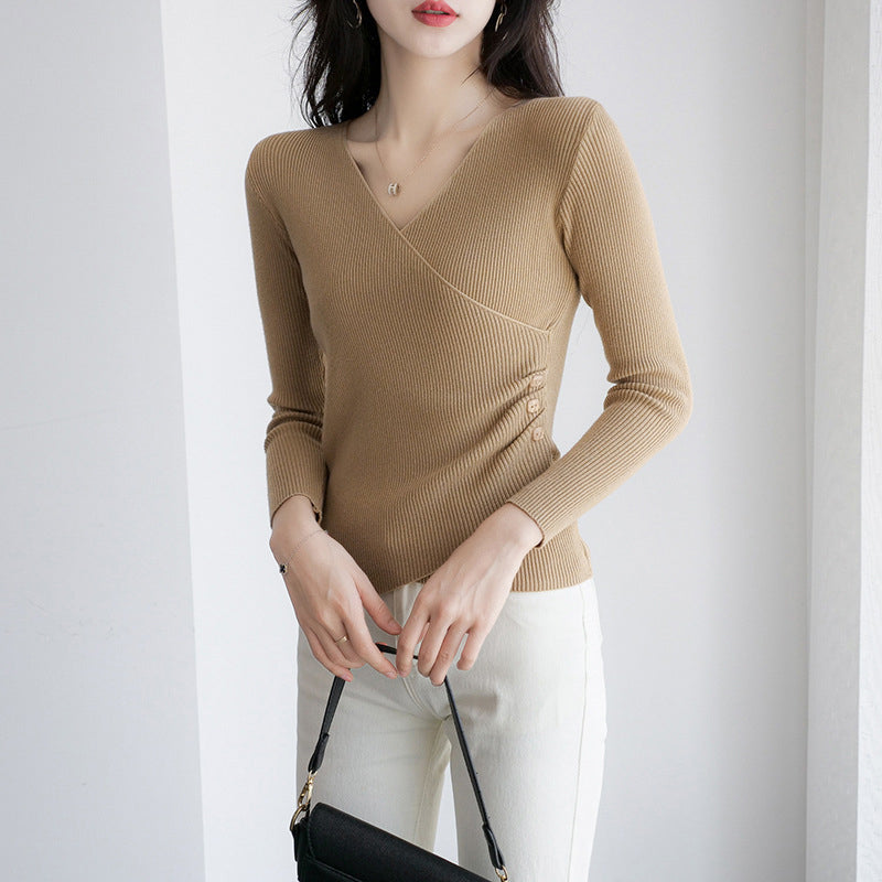 Khaki Ribbed V-Neck Long Sleeves Casual Top