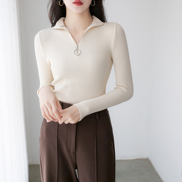 Beige Ribbed Mock Collar Pullover with Zip Detail