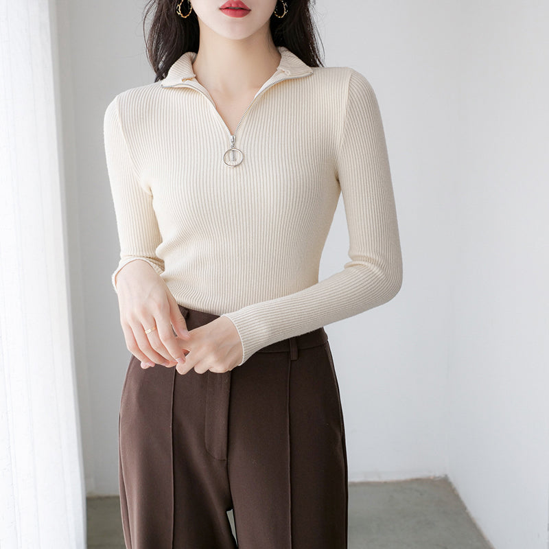 Beige Ribbed Mock Collar Pullover with Zip Detail