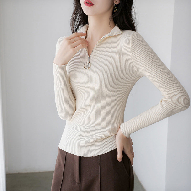 Beige Ribbed Mock Collar Pullover with Zip Detail