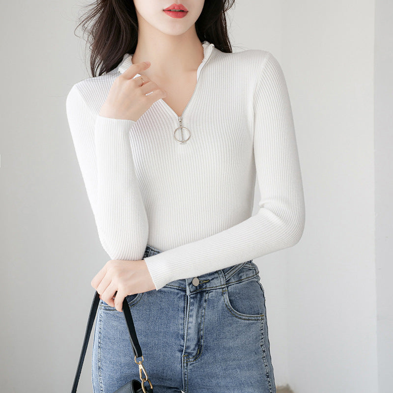 White Ribbed Mock Collar Half Zipper Pullover Sweater