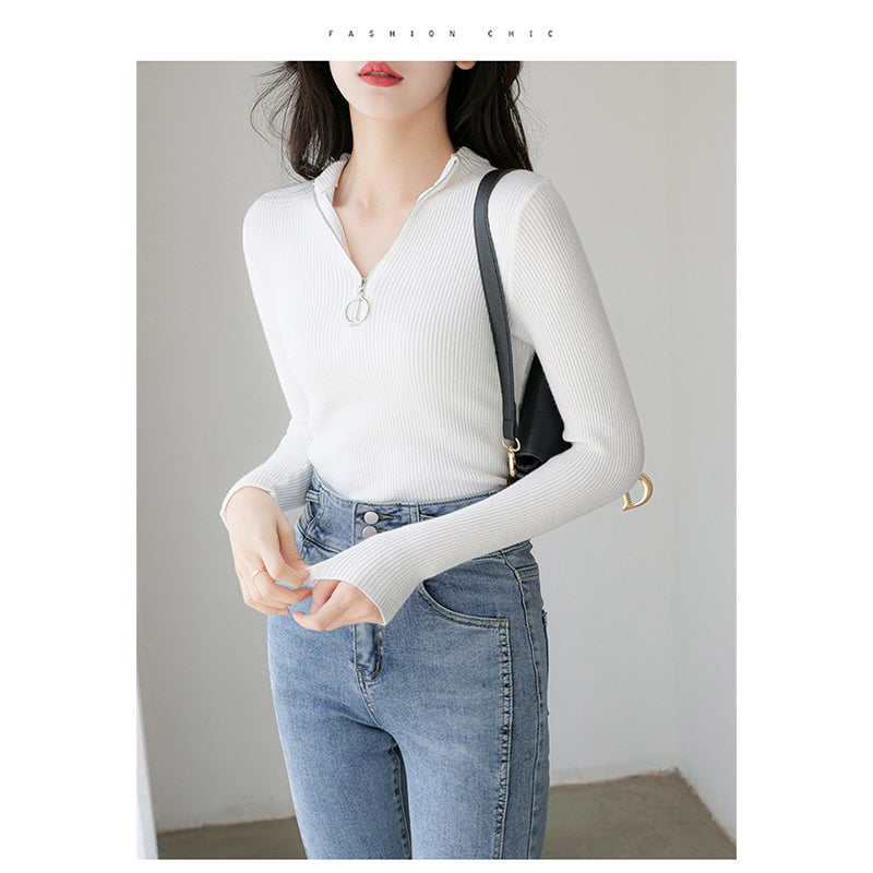 White Ribbed Mock Collar Half Zipper Pullover Sweater