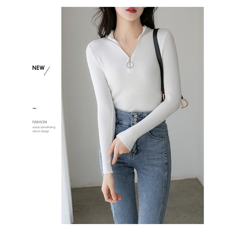 White Ribbed Mock Collar Half Zipper Pullover Sweater
