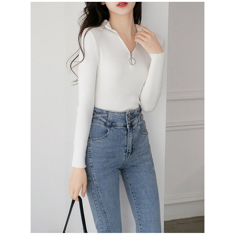 White Ribbed Mock Collar Half Zipper Pullover Sweater
