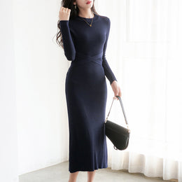 Navy Blue Solid Long Sleeve Midi Sheath Dress