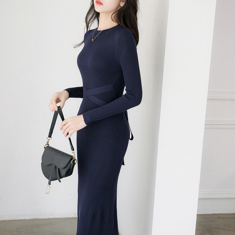 Navy Blue Solid Long Sleeve Midi Sheath Dress