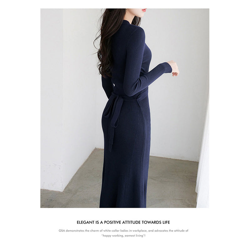 Navy Blue Solid Long Sleeve Midi Sheath Dress