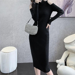 Black High Neck Cold-Shoulder Bodycon Midi Dress