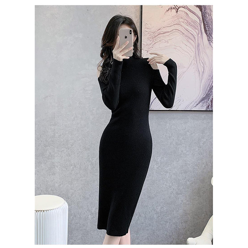 Black High Neck Cold-Shoulder Bodycon Midi Dress
