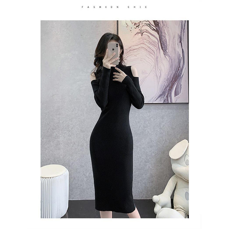 Black High Neck Cold-Shoulder Bodycon Midi Dress