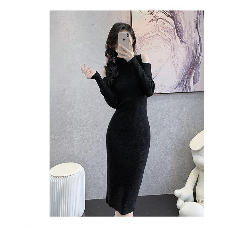 Black High Neck Cold-Shoulder Bodycon Midi Dress