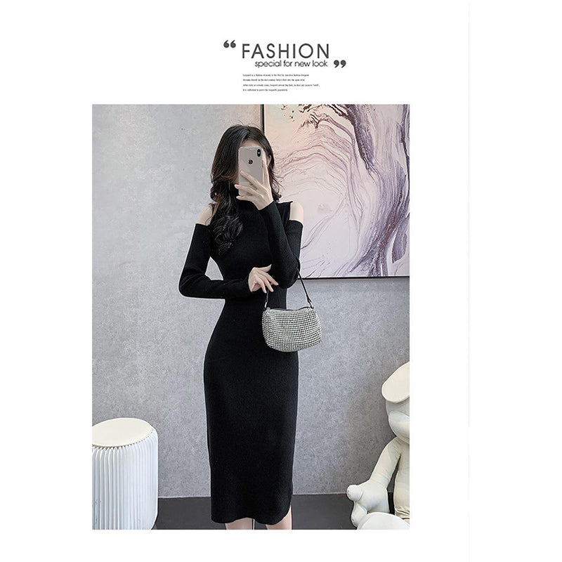 Black High Neck Cold-Shoulder Bodycon Midi Dress