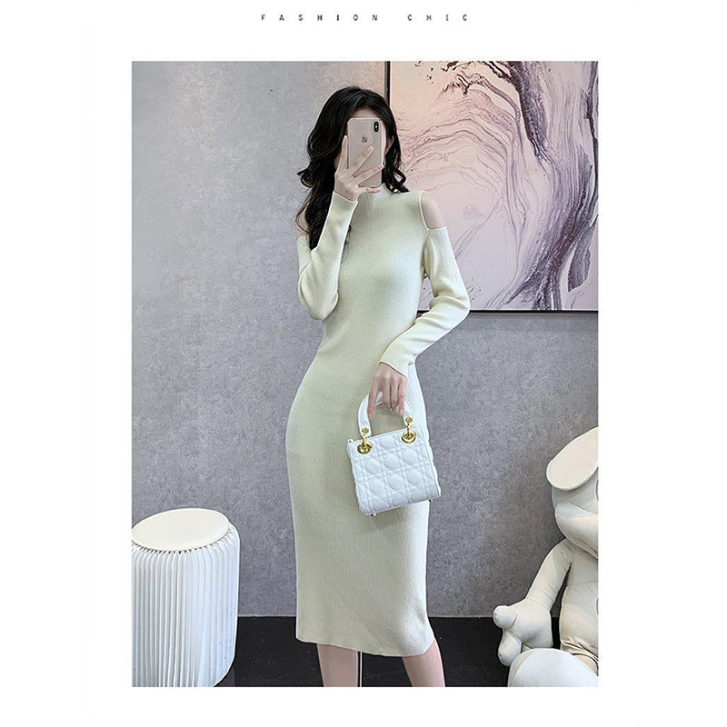 White Solid Round Neck Cold-Shoulder Midi Dress