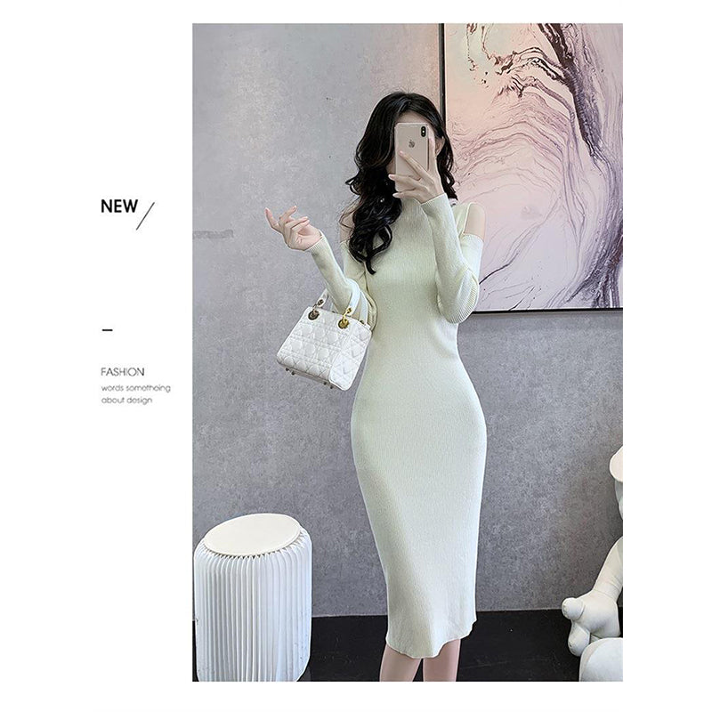 White Solid Round Neck Cold-Shoulder Midi Dress